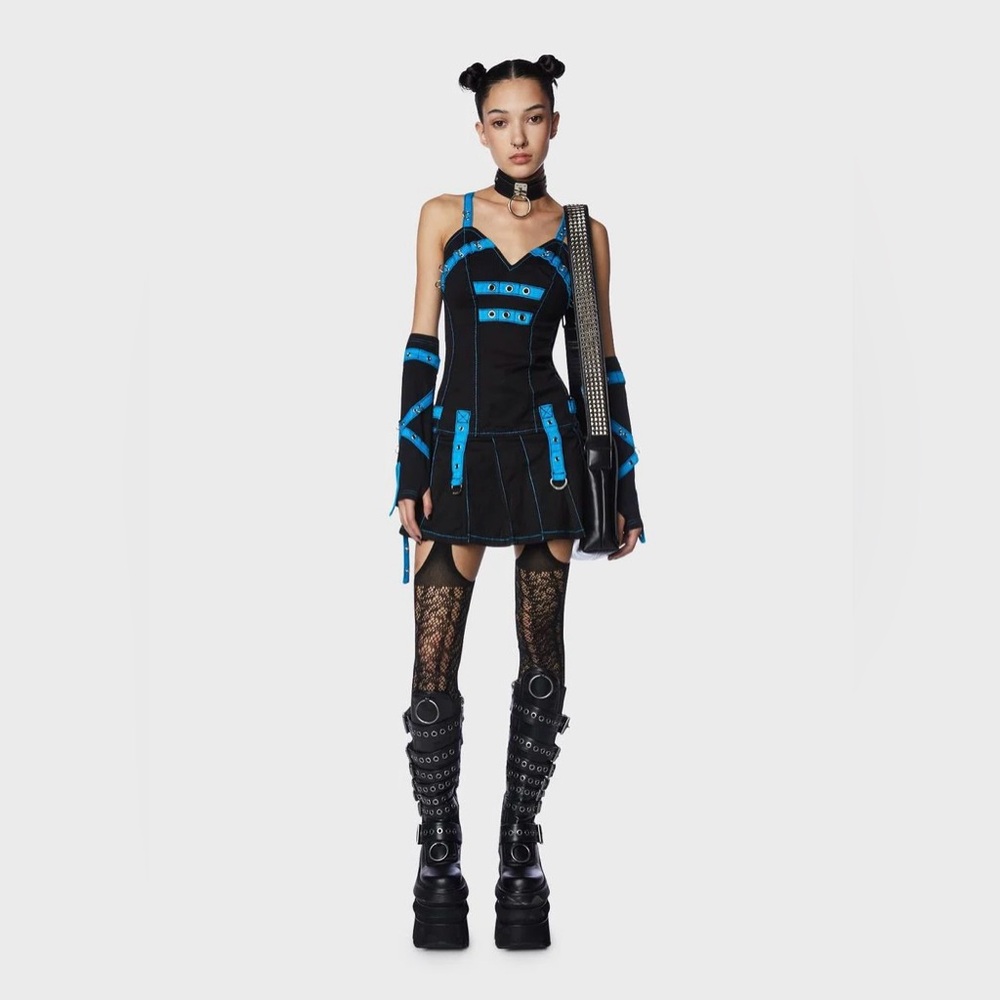 NWT - Tripp NYC Eyelet Strap Pleated Mini Dress Black/Blue - L